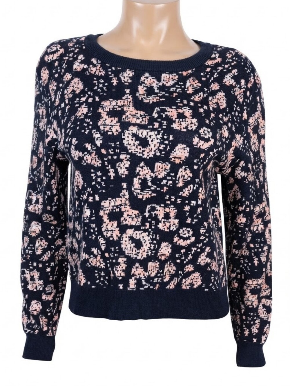 JOHN + JENN Navy Pink Pixelated Leopard Print Sweater Size Small Anthropologie